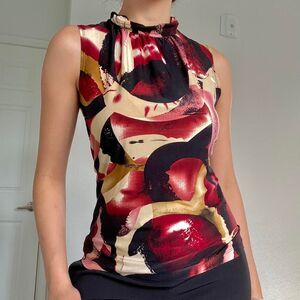SERENADE Vintage Abstract Satin Mock Neck Tank